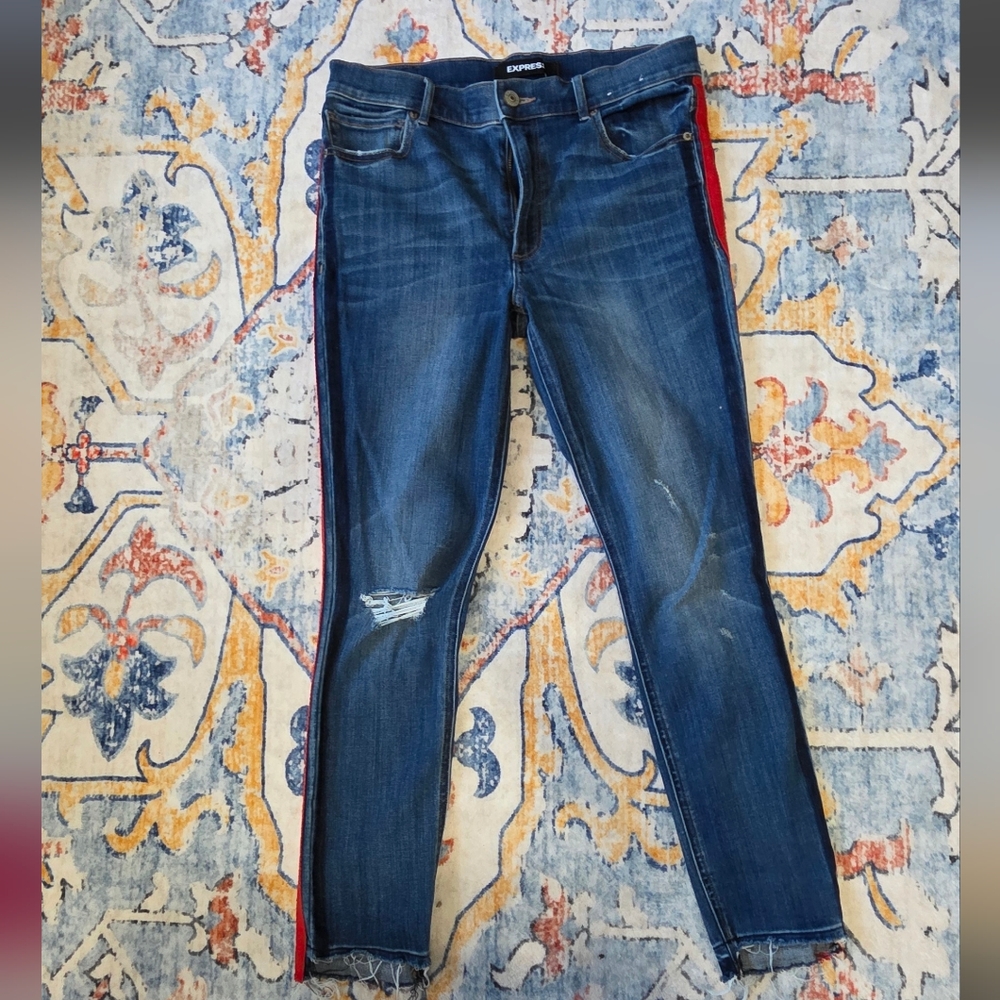 Express Blue Distressed Jeans with Red Stripe